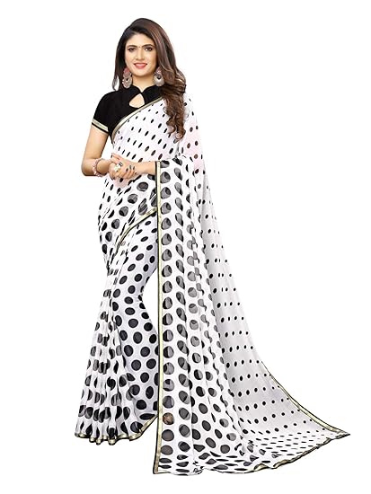 chiffon with blouse piece SAREE (1367S114_ White, Black_ OS)