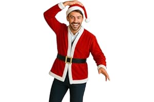 Sunnywood Party Santa Costume Jacket, Unisex Christmas Jacket Hat & Belt Set, Adult Holiday Outfit for Xmas Parties