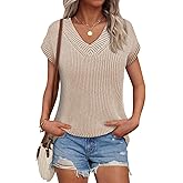 Saodimallsu Womens V Neck Short Sleeve Sweater Summer Lightweight Cap Sleeve Casual Loose Knit Pullover Tank Tops