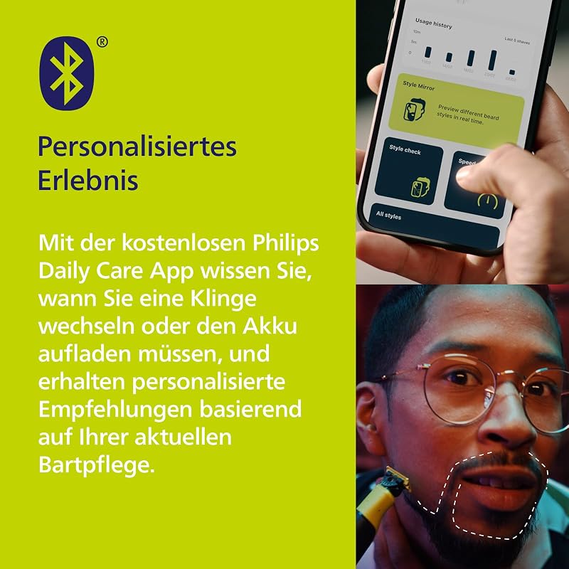 OneBlade 360 Face & Body mit App-Anbindung - elektrischer Rasierer, Trimmer & Bodygroomer, 2x 360 Klingen, verstellbarer Trimmaufsatz, 2x Körperaufsätze, für Gesicht & Körper (QP4631/30)
