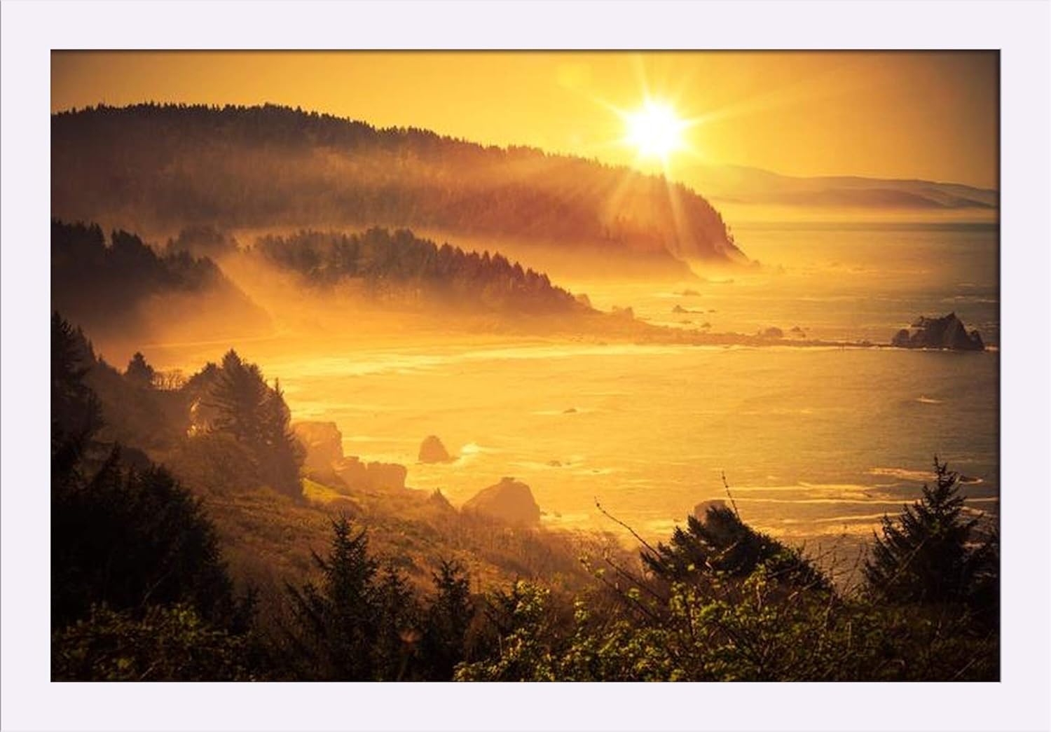 Golden California Coastal Sunset with Misty Fog 9016032 (24x16 Giclee Art Print, Gallery Framed, White Wood)