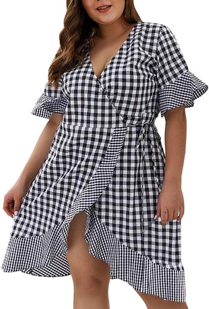 Juesi Women's Casual Dress, Plus Size Lattice V-Neck Ruffle Dress Ladies Summer Holiday Dress White