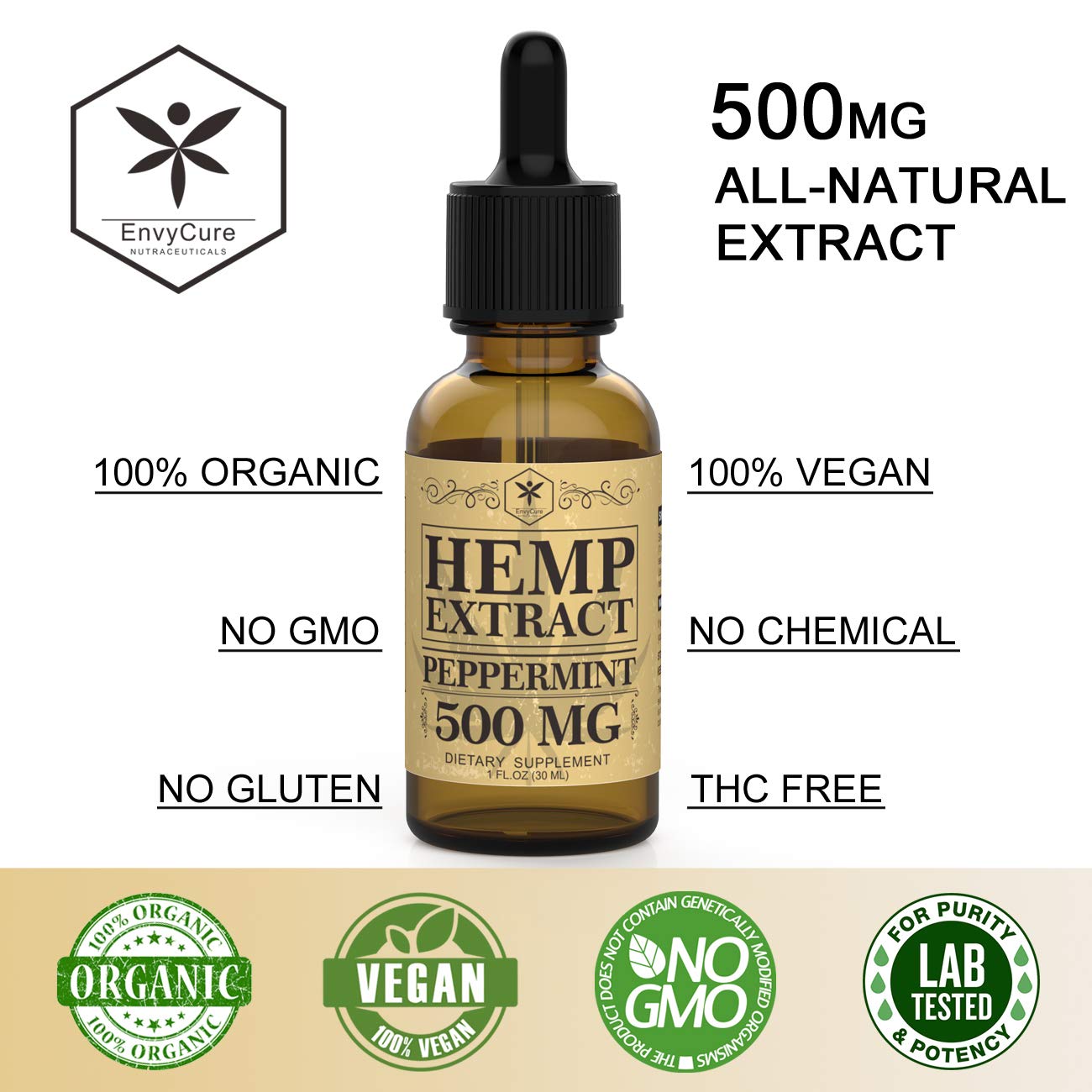 Hemp Oil 500mg for Pain Relief, Stress and Anxiety Relief, Better Sleep | 100% Natural, Organic, Vegan, Non-GMO | 500mg, 30 Serv, 16mg/Serv (Peppermint)