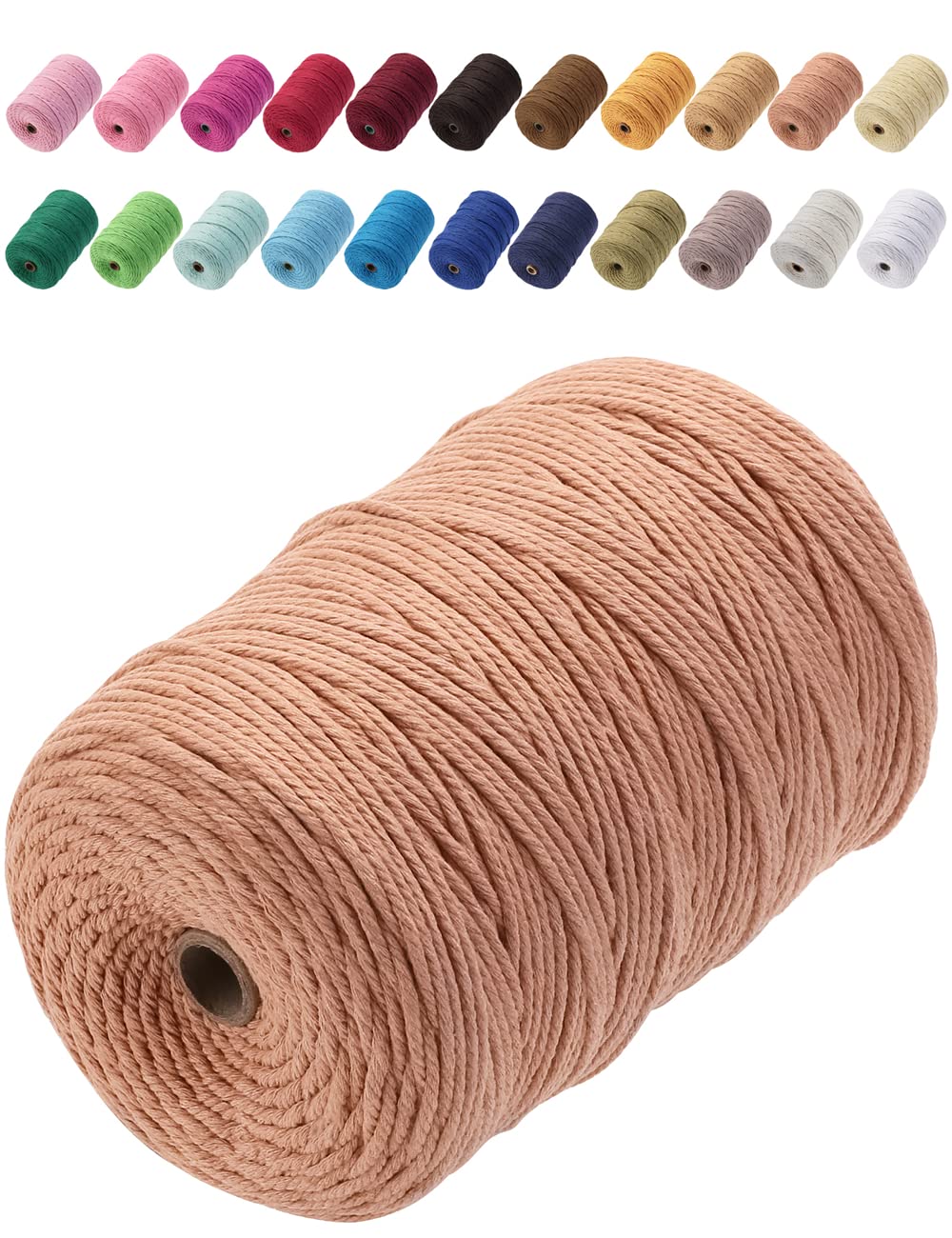 GOHOF Macrame Cord 3mm x 200m Premium Cotton Rope, 4 Strand Twisted Soft Cotton String for Macrame Art, Without Chemicals (Salmon)