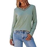 Dokotoo T Shirts for Women Casual Long Sleeve V Neck Lace Trim Tops Lightweight Solid Color Basic Tees Blouses