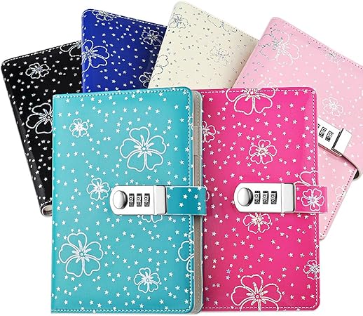 Amazon A5 細かい花柄ノート 鍵付き オフィス用品ビジネス 高校生 多機能 中学生 小学生 人気 日記帳 ホワイト 日記帳 文房具 オフィス用品