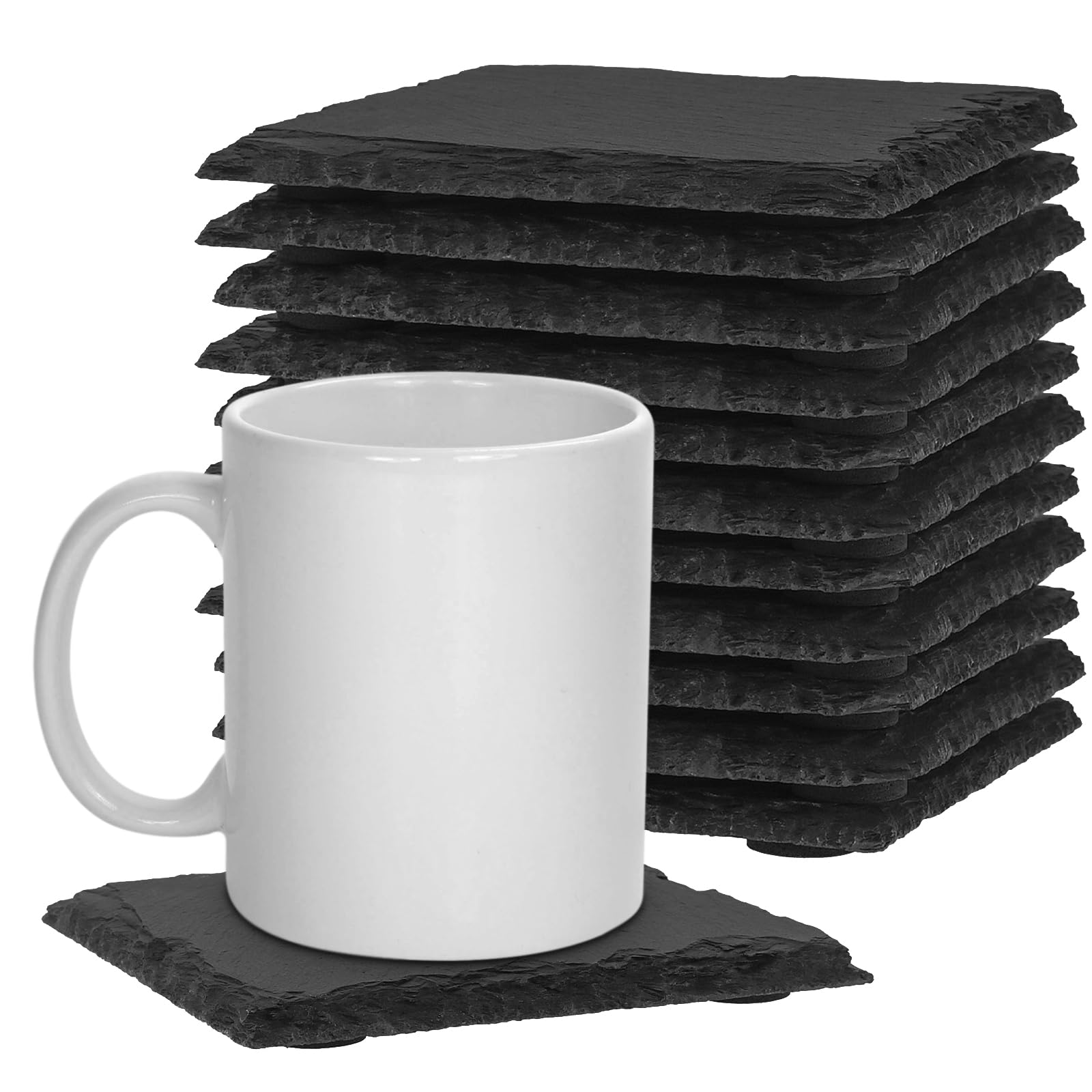 FUNSUEI 12 PCS 10 x 10cm Black Square Slate Coasters, Square Slate Coasters Bulk with Anti-slip Bottom, Slate Drink Coasters for Cup, Bar, DIY, Kitchen, Home