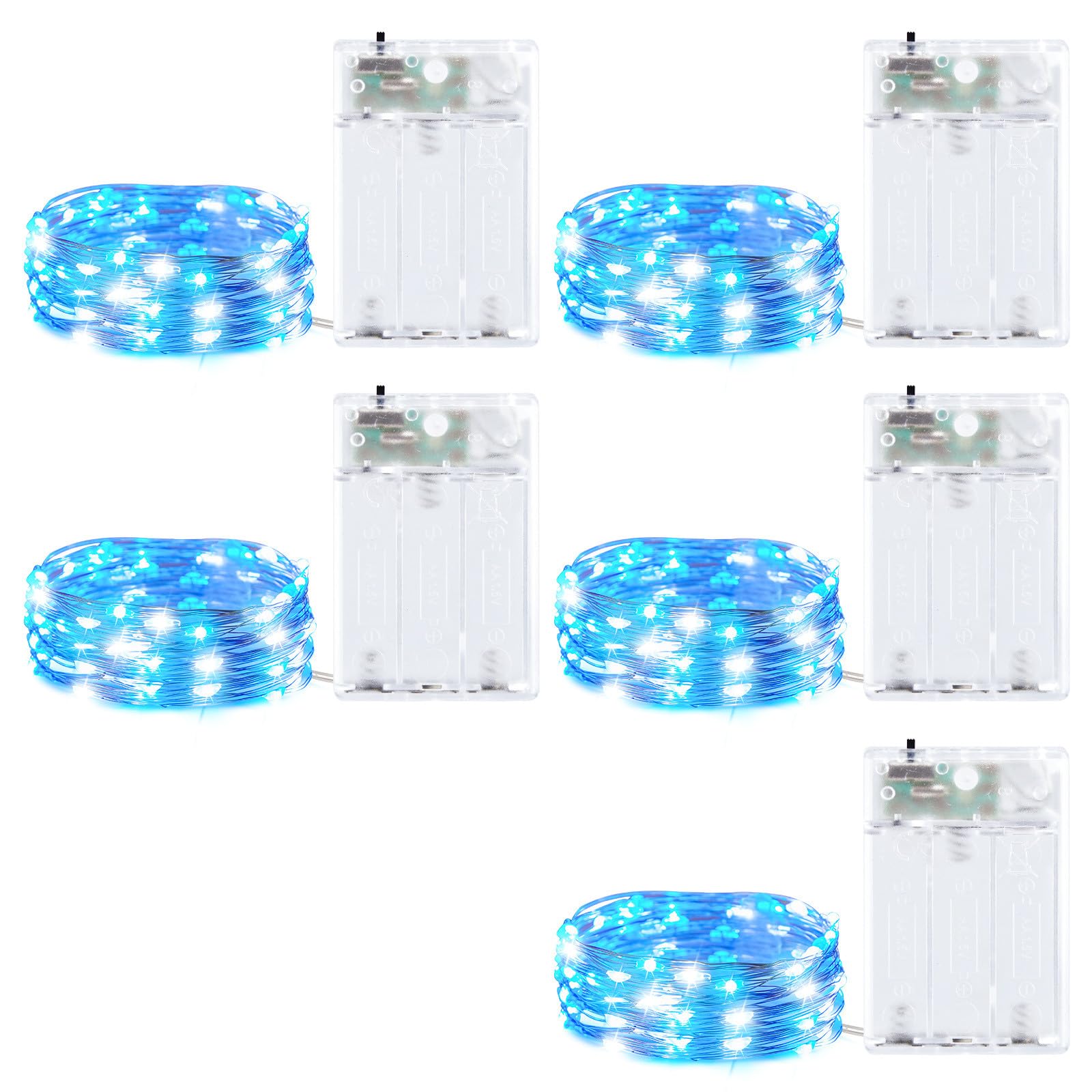5 Pack Fairy Lights Battery Operated, 7 Feet 20 Led String Lights with Timer, Waterproof Firefly Lights on Silver Wire for Home Party Wedding Christmas Decorations, 6 Hours on/18 Hours Off, Blue White