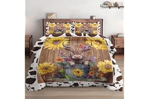 WeCozy Comforter Set Queen Size, Wooden Sunflowers Flower Soft Bedding Set with 2 Pillowcases for Kids and Adults, Cute Highland Cow Print Comforter Set for Bedroom Bed Decor