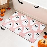 JarThenaAMCS Halloween Bathroom Rug Pink White Little Boo Bath Mat Non Slip Doormat Spooky Ghost Holiday Front Mat for Indoor Living Room Home Decoration