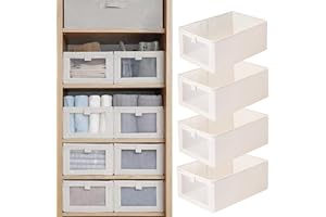 Pradnel Linen Closet Organizers And Storage, 4 Pack Storage Bins Baskets for Organization Foldable Organizer with Clear Window Organizing Clothing, Jeans, Shelves