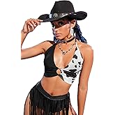 Verdusa Women's Y2k Western Cowgirl Rave Outfits Halter Top Cow Print Deep V Neck Tie Backless Crop Tops