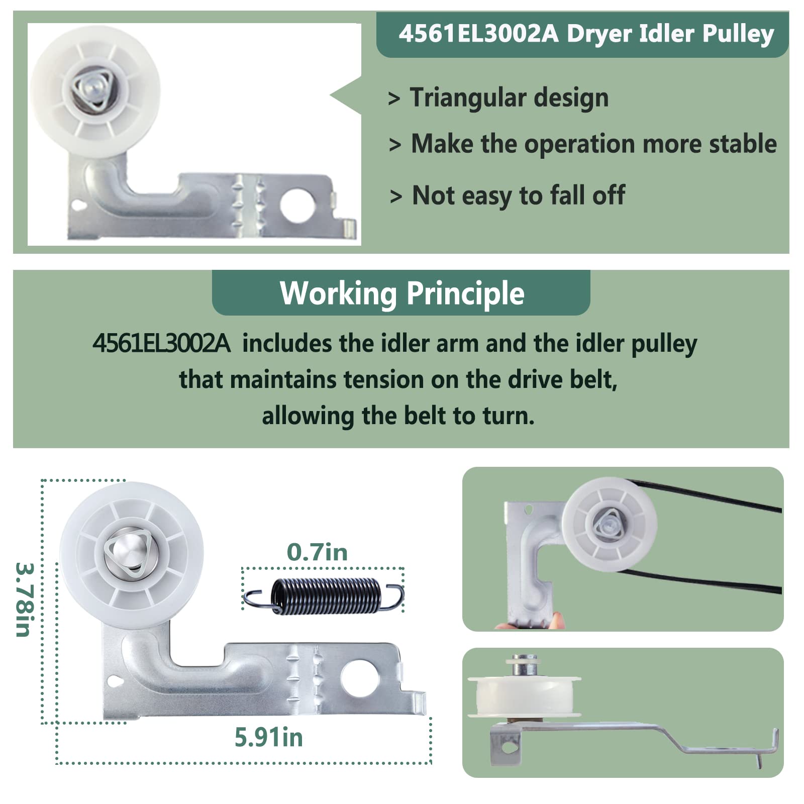 Upgraded Dryer Repair Kit Compatible with LG Kenmore Dryers Includes 4581EL2002C Dryer Drum Roller 4400EL2001A Dryer Belt 4561EL3002A Idler Pulley and Spring，Figures 6 and 7 are Fit Models