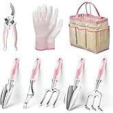 Garden Tools, 8 Piece Gardening Tools with Bag, Heavy Duty Stainless Steel Garden Tools Set, Outdoor Hand Tools, Ideal Garden Tool Kit Gifts for Women Pink.