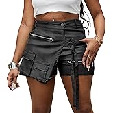 Vakkest Women's Metallic Cargo Shorts Summer PU Leather Irregular Split with Pockets Stretchy Y2K Streetwear Skirt Skorts