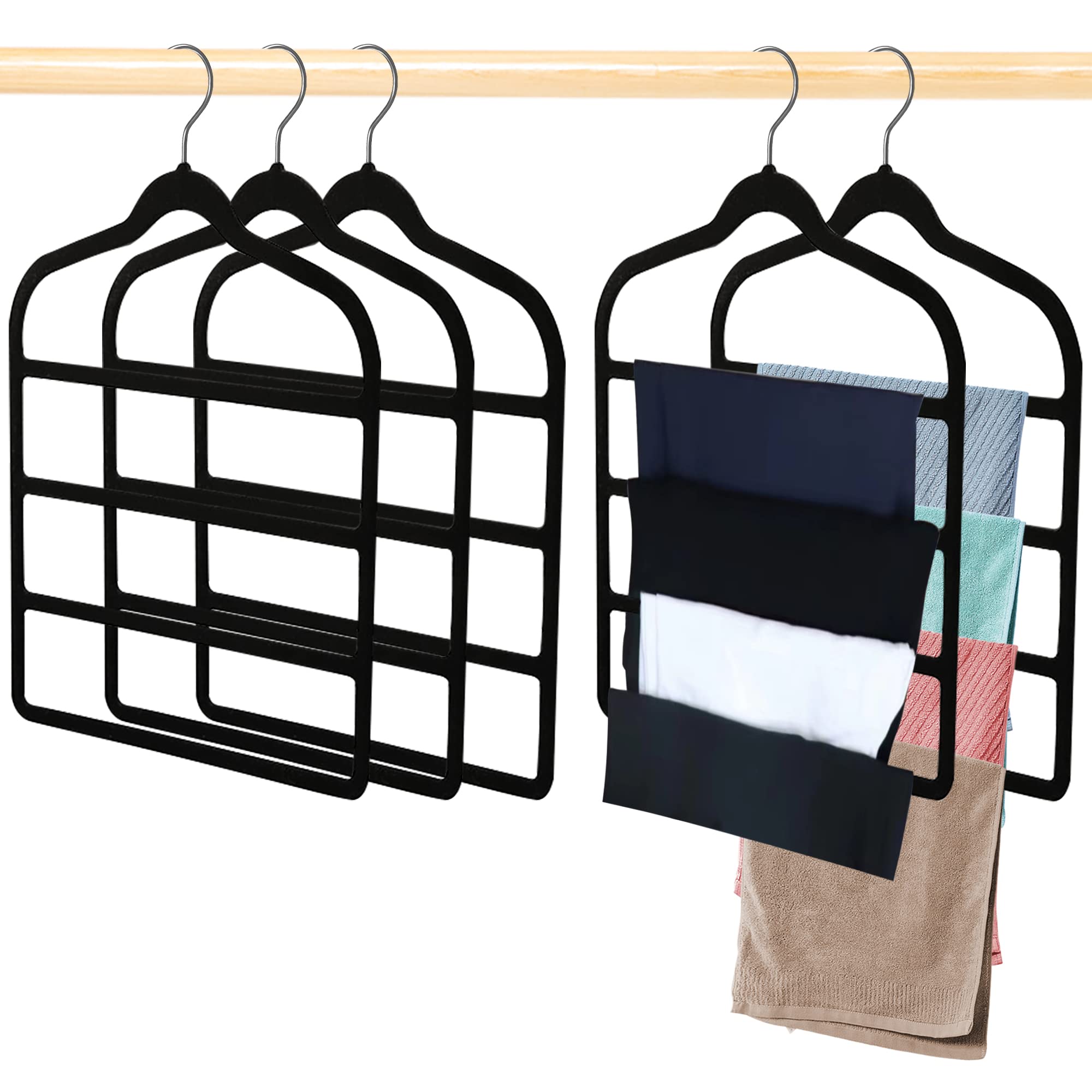 Sightday Trouser Hangers, Space Saving Non-Slip Pants Hanger, 3 Pack Multi Bar Velvet Clothes Hanger for Jeans, Scarf, Towel, Ties, Black