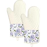 Slohif Long Silicone Oven Mitts Heat Resistant for Women - 2 Pcs Blue Flower 100% Cotton Oven Gloves, Non-Slip and Waterproof Silicone Oven Mitts with Hanger for Baking and Cooking
