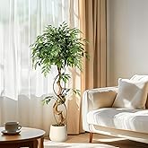 GarveeHome Ficus Artificial Tree with Curved Trunk,4 ft Faux Plant Fake Silk Trees with White Pot, Fake Ficus Tree for Home Decor, Artificial Plants Indoor for Indoor Office Living Room