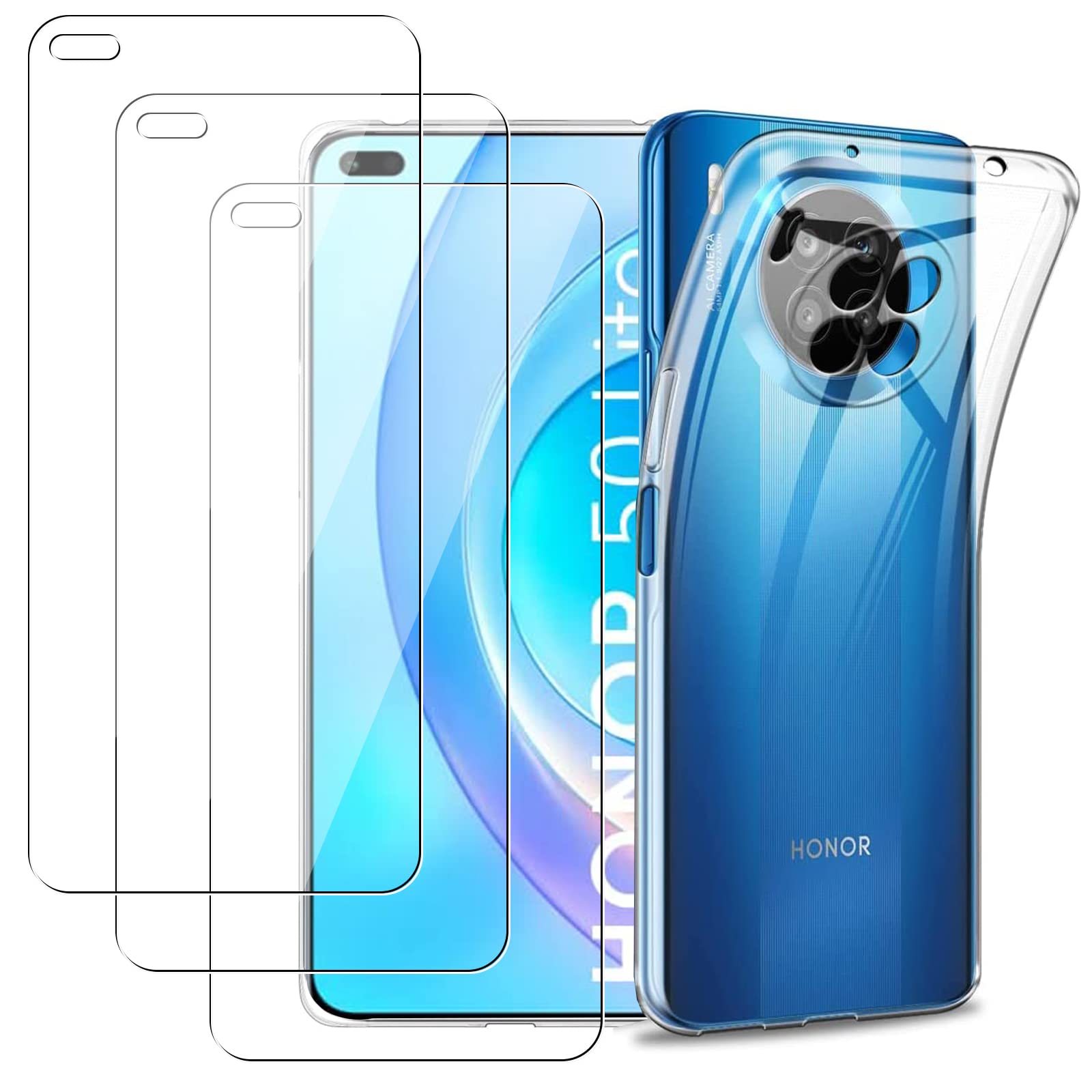KZIOACSH Case for Honor 50 Lite/Huawei Nova 8i, Flexible Soft Shockproof Bumper Cover Ultra Slim Anti-Scratch Clear Phone Case with 3 Tempered Glass Screen Protector for Honor 50 Lite/Huawei Nova 8i