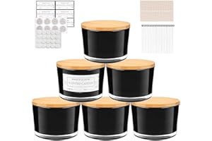 CONNOO 6-Pack 16 oz Candle Jars - 3-Wick Black Empty Glass Wide Mouth Candle Jars Come with Bamboo Lids, Sticky Warning Labels, and a Candle Wick Kit for Candle Making - Dishwasher Safe