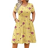 IN'VOLAND Womens Plus Size Summer Dress Short Sleeve Casual Mini Dresses Empire Waist T-Shirt Dress with Pockets