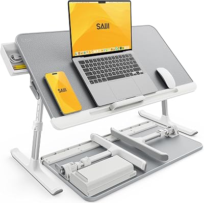 SAIJI Laptop Bed Table 100% Eco-friendly Wood 17" Desk with Drawer Grey