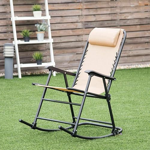Beige Folding Zero Gravity Rocking Chair Rocker Porch Indoor Patio