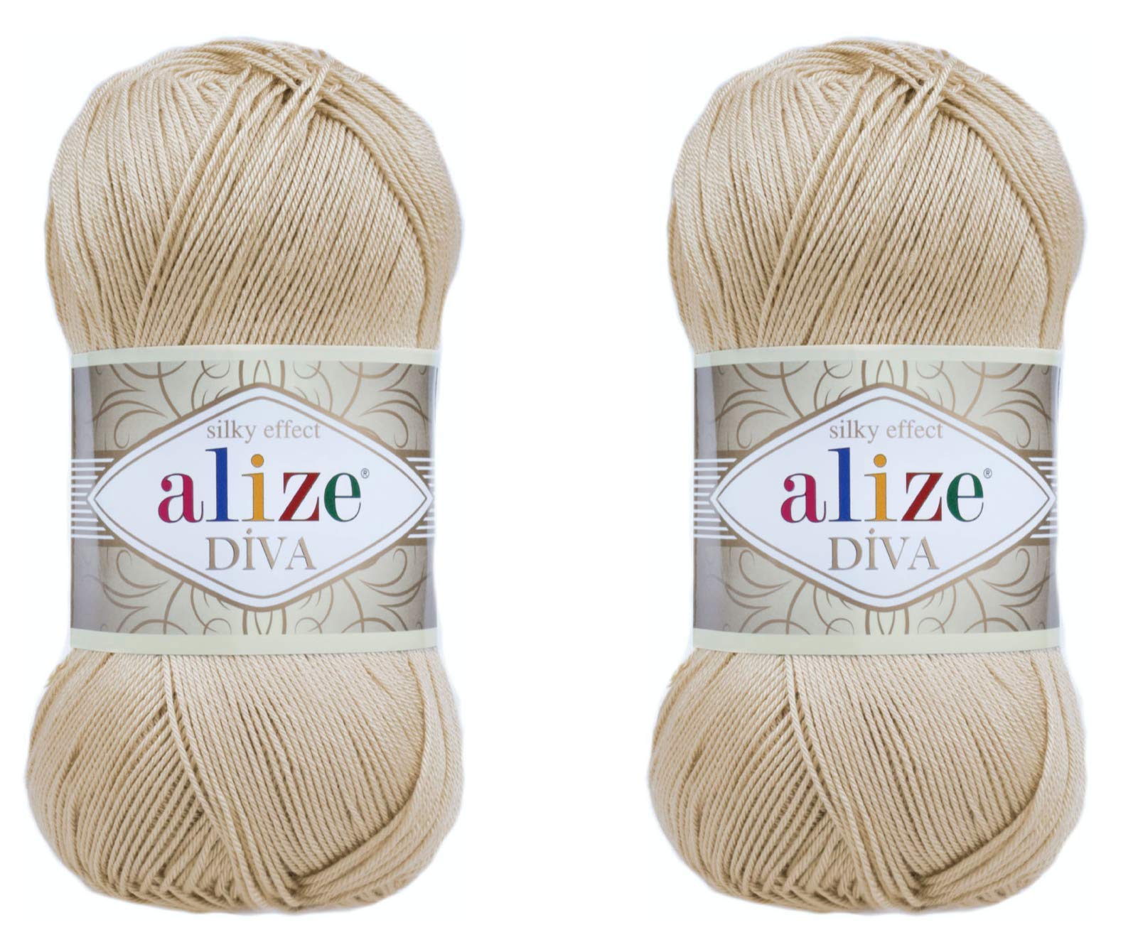 Alize Diva Yarn Hand Knitting Yarn 100% Microfiber Acrylic Yarn Alize Diva Silk Effect Thread Crochet Art Lace Craft Lot of 2 skeins 200gr 767 yds (368-Camel)
