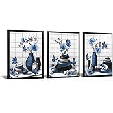 RnnJoile Zen Bathroom Wall Art Navy Blue and Grey Pictures Prints on Canvas Orchid Flower Zen Stone Modern Bathroom Decor Black Frame 12x16 inch each piece