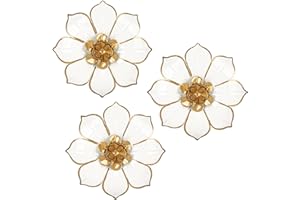 VILLA COMO Metal Flowers Wall Decor White and Gold Wall Art Decorations Hanging 3 Pc Rustic Modern Floral Sculpture Wall Accent Artwork Indoor Outdoor for Bathroom Kitchen Bedroom Living Room Patio Porch 10 Inch