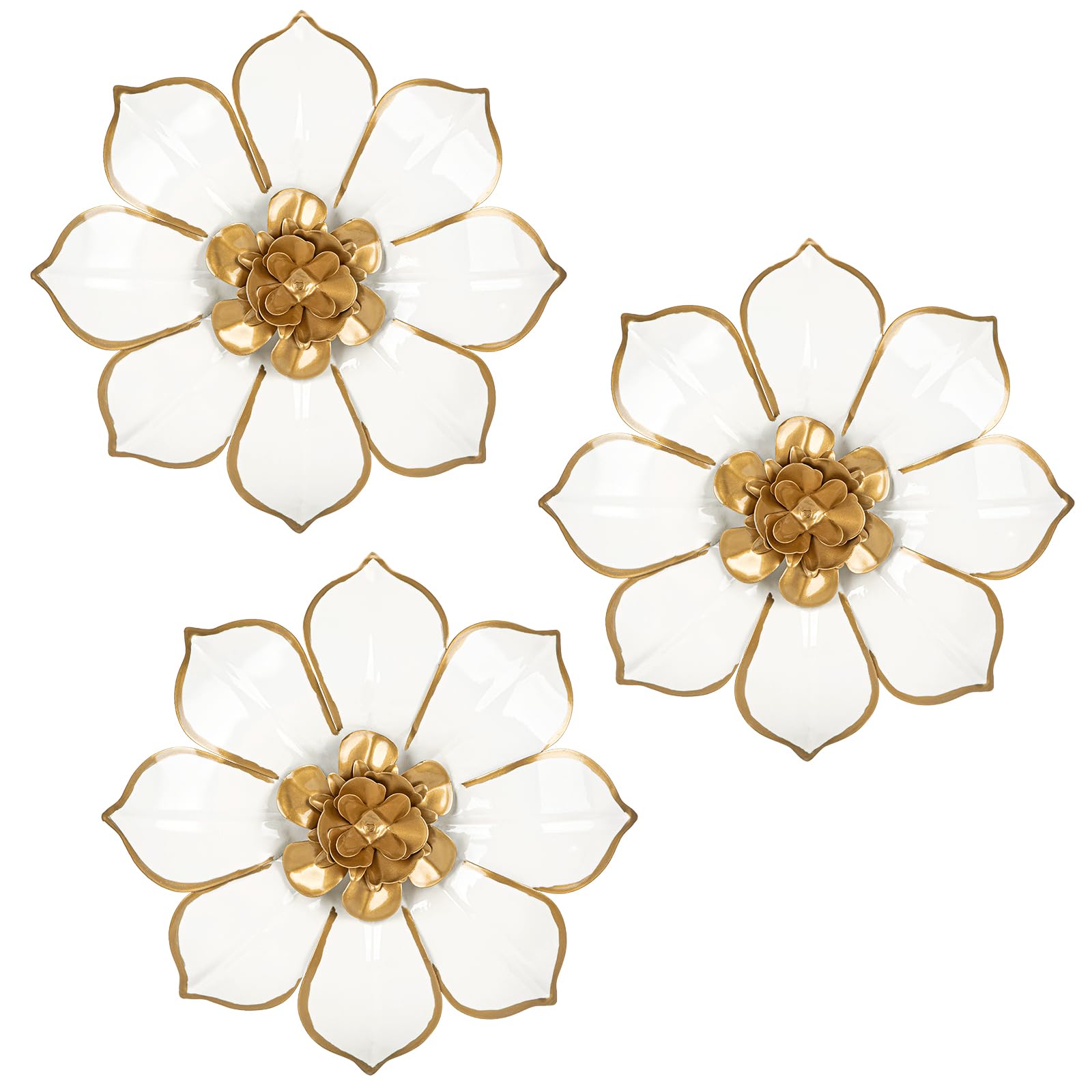 Photo 1 of Metal Flowers Wall Decor White and Gold Wall Art Decorations Hanging 3 Pc Rustic Modern Floral Sculpture Wall Accent Artwork Indoor Outdoor for Bathroom Kitchen Bedroom Living Room Patio Porch 10 Inch
