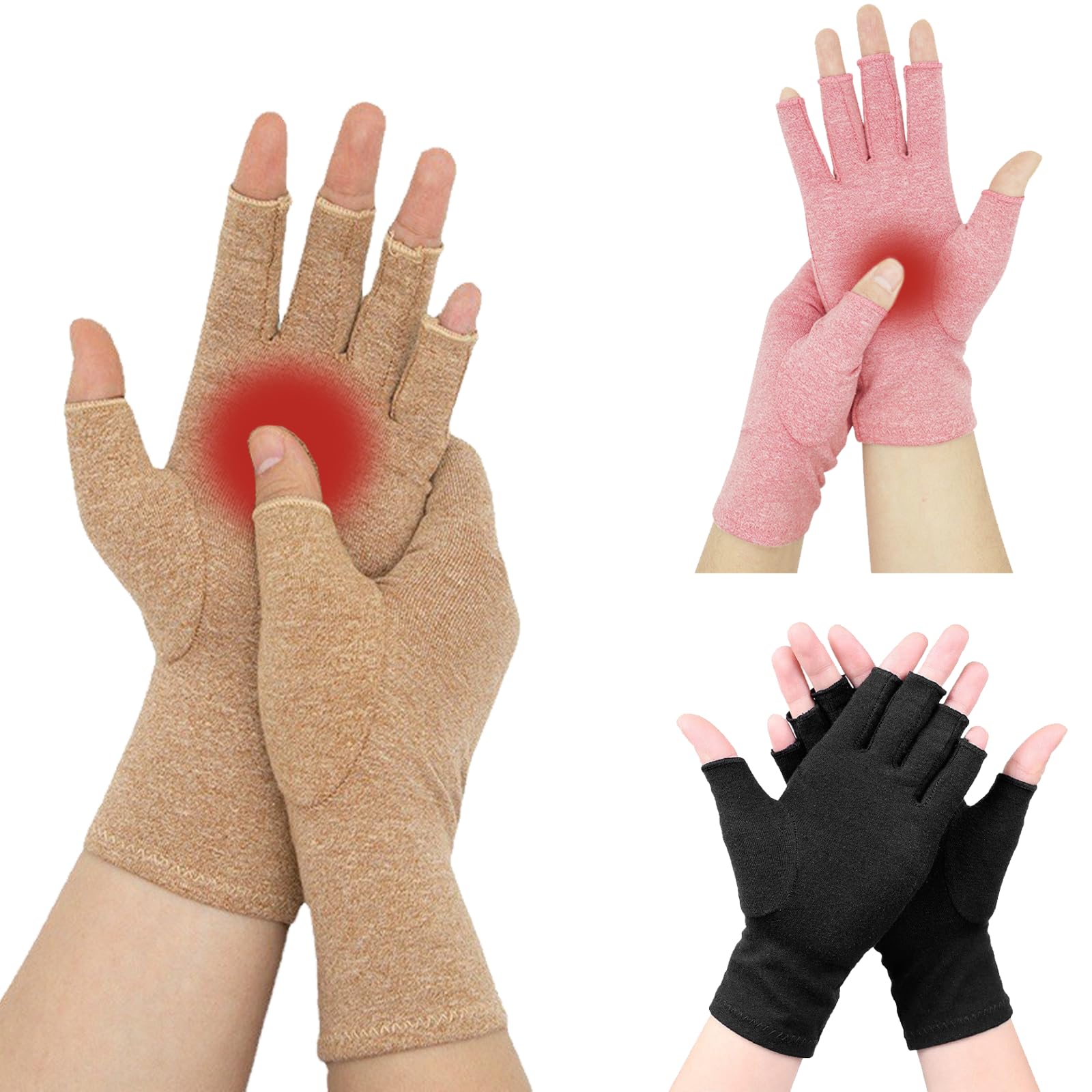Ninnyi 3 Pairs Compression Gloves, Carpal Tunnel Glove, Fingerless Gloves Women Men for Hands Relief in Cold Office Typing