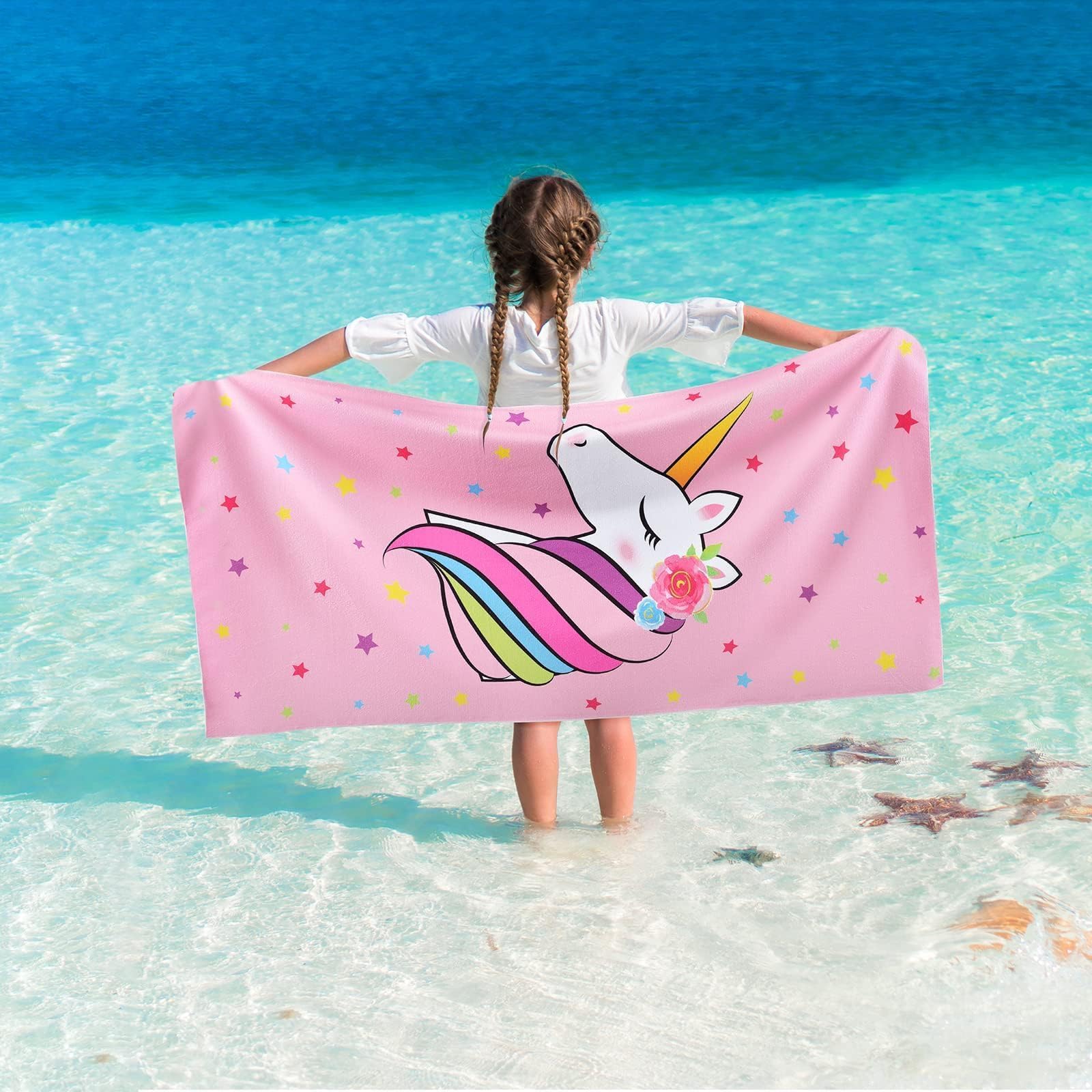 Unicorn Kids Beach Towel for Girls - 76 x 150cm Pink Pool Swimming Towels Personalized Beach Towels for Girls Kids Quick Dry Ultra Absorbent Super Soft Beach Blanket Camping Travel Bath Shower Towel