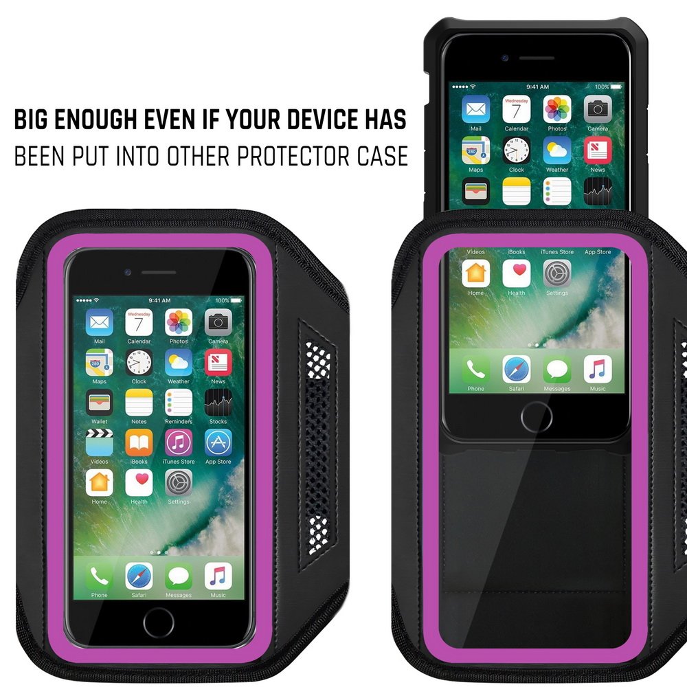 LOVPHONE Man/Women Running Sport Armband for iPhone 7/8 Plus Suitable for Gym Workout w/Kickstand Key Bag Earbuds Holder Card Slot Case, Water Resistant (Rosy)