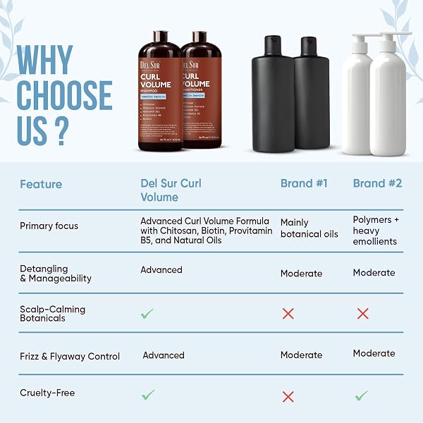 DEL SUR CURLY HAIR SHAMPOO AND CONDITIONER SET | CURL DEFINING, VOLUME & HYDRATION | 16 FL OZ EACH | WITH CAMELLIA JAPONICA, HIBISCUS & AMARANTH OIL | FOR CURLY, WAVY & COILY HAIR | WOMEN & MEN