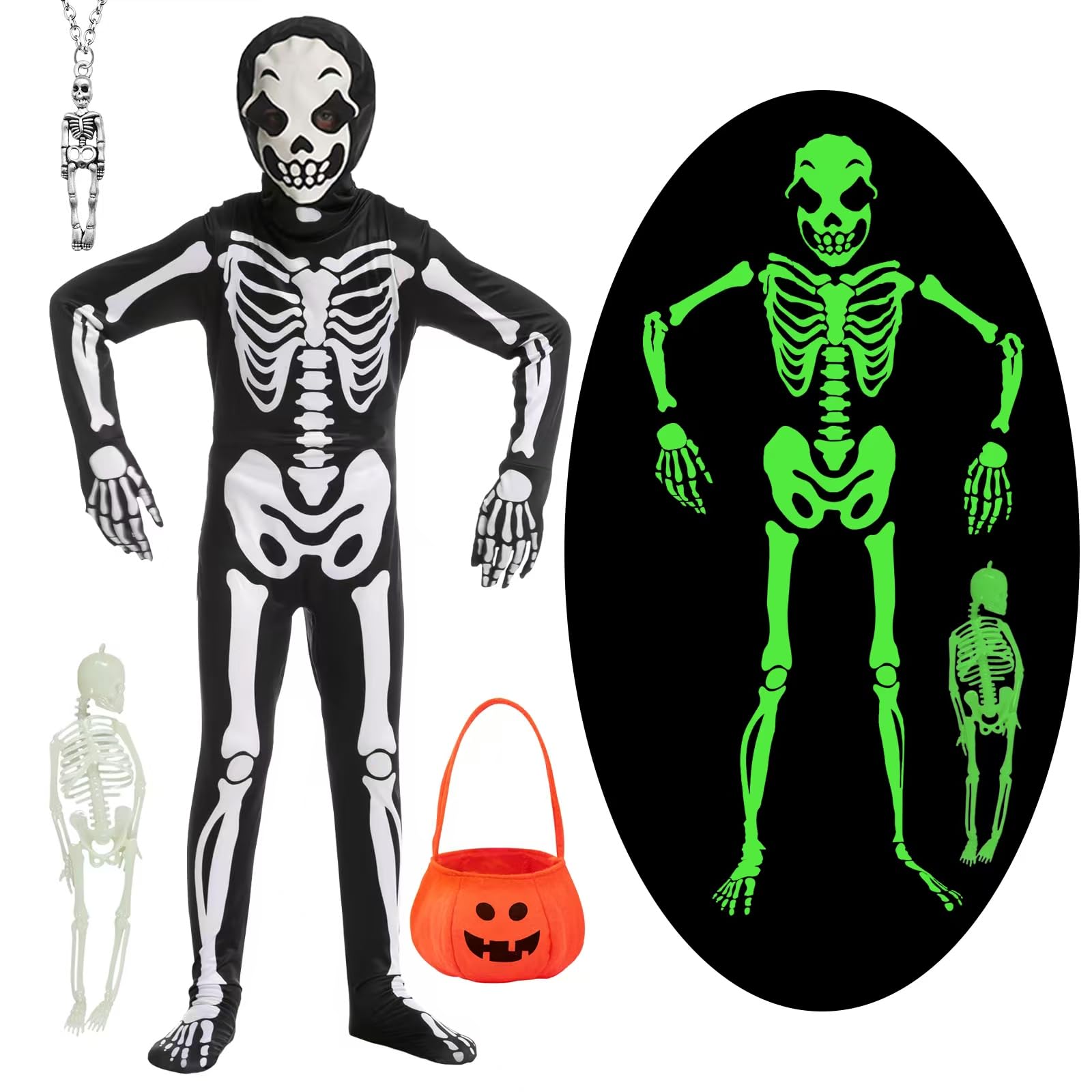 YADODO Skeleton Costume Kids Boys Girls 6-7 Glow in the Dark Skeleton Onesie Outfit Jumpsuit Kids Light up Suit with Bag Necklace Spooky Scary Halloween Skull Zombie Scream Costume for Boys Girls — image 1