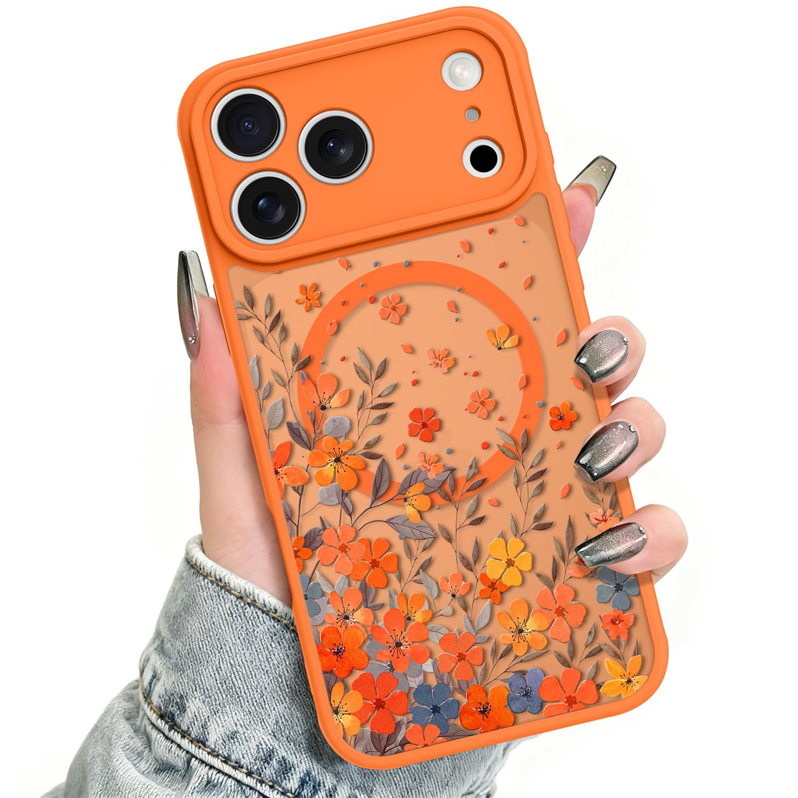 MNUTBIY Magnetic for iPhone 17 Pro Max Case, Compatible with Magsafe, Cute Flower Floral Design for Women Girls, Translucent Matte Camera Protection Shockproof Phone Cover, Orange