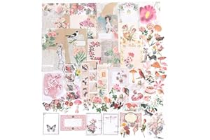 Alideco 200pcs Vintage Scrapbook Supplies Kit Kawaii Mushrooms, Flowers Scrapbooking Paper Washi Bullet Journals Planners Collage Album Aesthetic Cottagecore