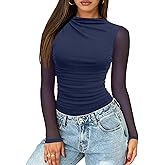 Saslax Women's Mesh Bodysuit - Long Sleeve Sheer Mock Neck Ruched Thong Top, Sexy Club & Date Night Outfit