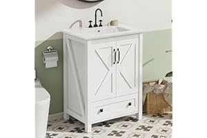 IDEALHOUSE 24 Inch Vanity with Ceramic Sink, Modern Bathroom Vanity with 2 Doors and 1 Storage Drawer, Freestanding Bathroom 