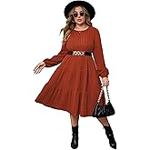 ShopWonder Women Plus Size Knit Sweater Dress Round Neck Long Sleeves Comfy Pullover Winter Midi Dress with Belt