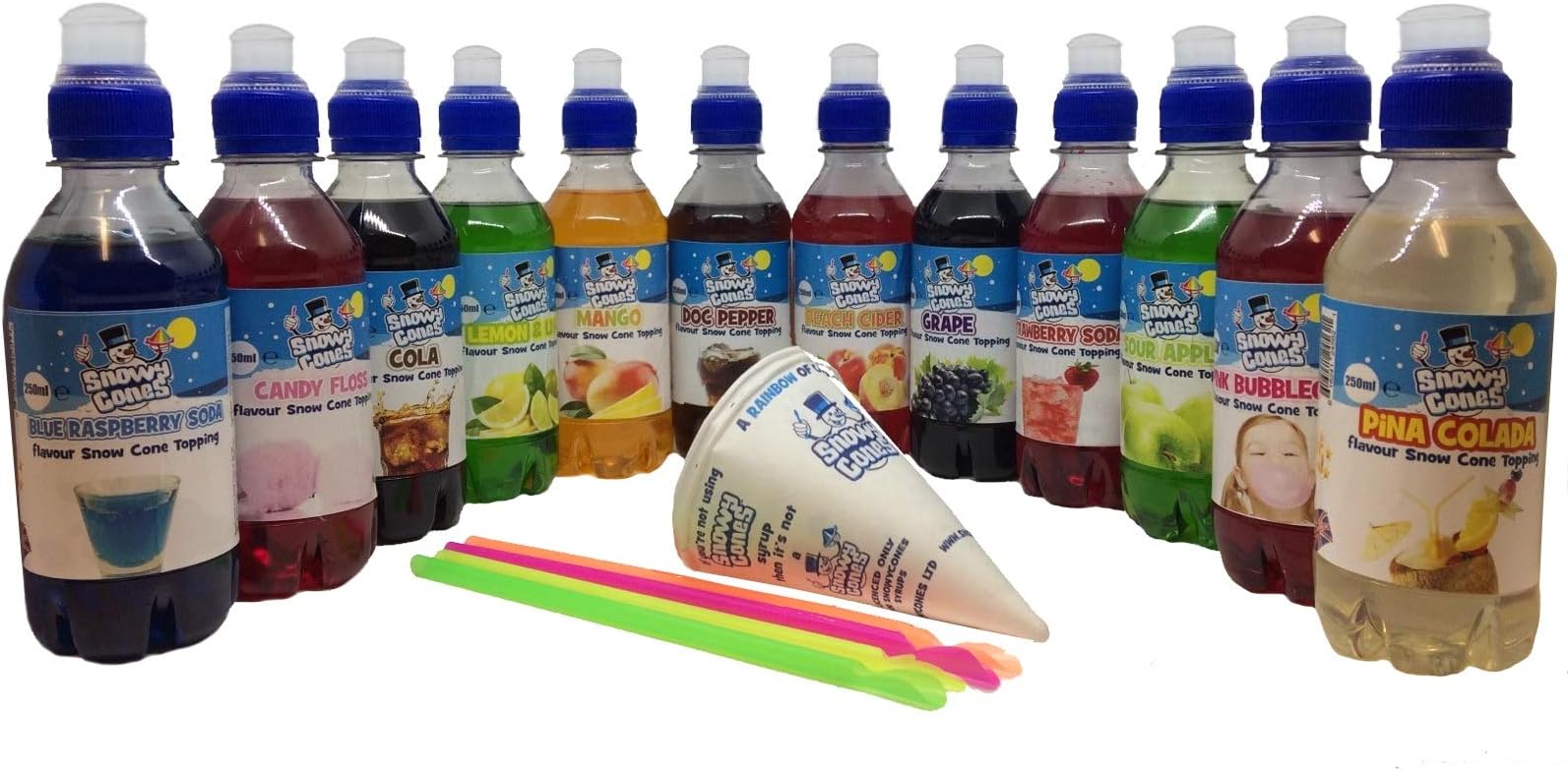 Snowy Cones | Premium Snow Cone Syrup | Not Slush | Blue Raspberry Soda/Candy Floss/Cola, 250 ml, 12-Piece Free Cups and Straws