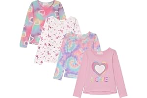 BTWEEN Girls Long Sleeve Fall Graphic Tops, School & Sports Tees, 4 Pack Multiple Pattern Tshirts