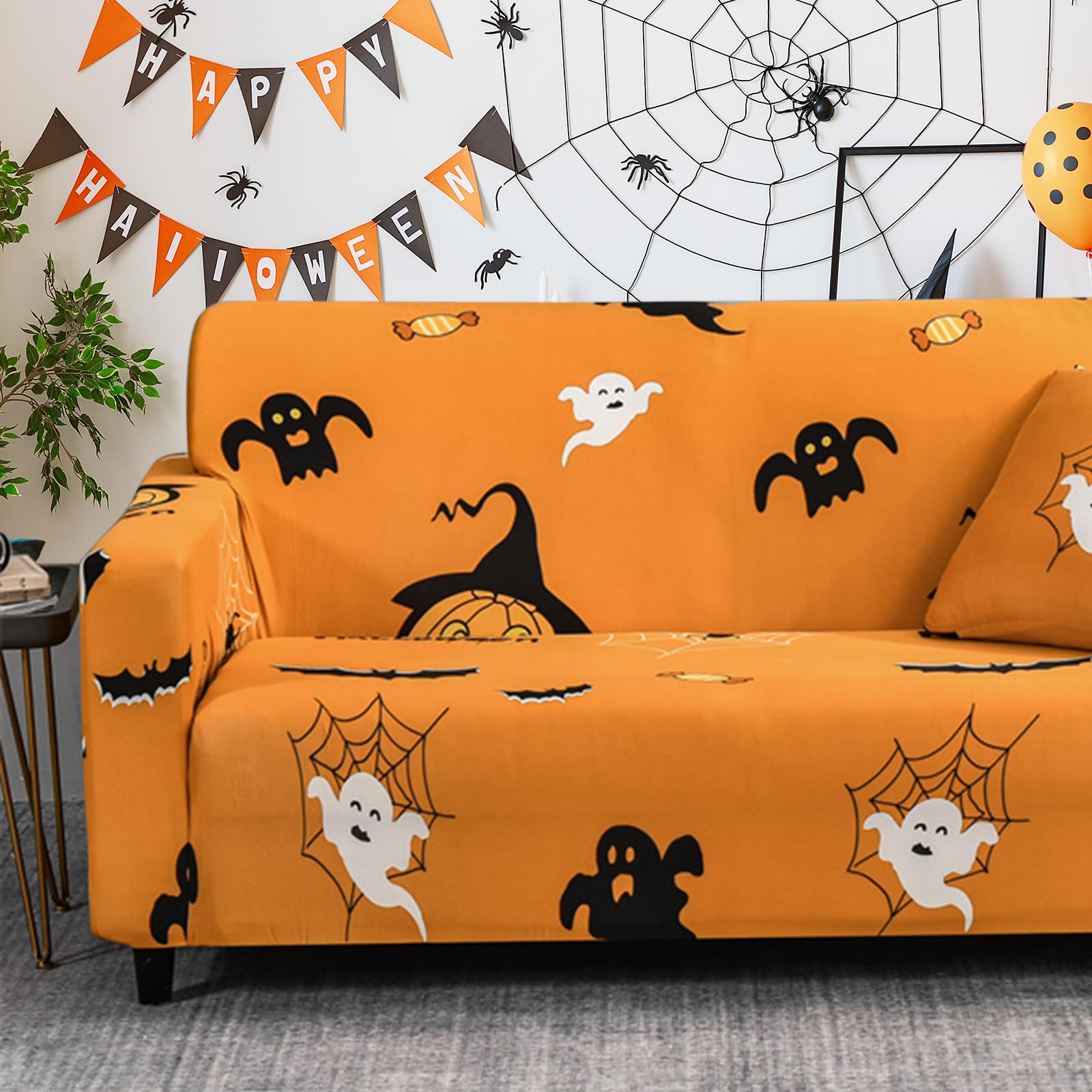 Photo 1 of Mybedsoul Halloween Printed Sofa Cover Ghost Elastic Couch Cover Machine Washable Halloween Theme Black Sofa Slipcover for Living Room(3 Seater)