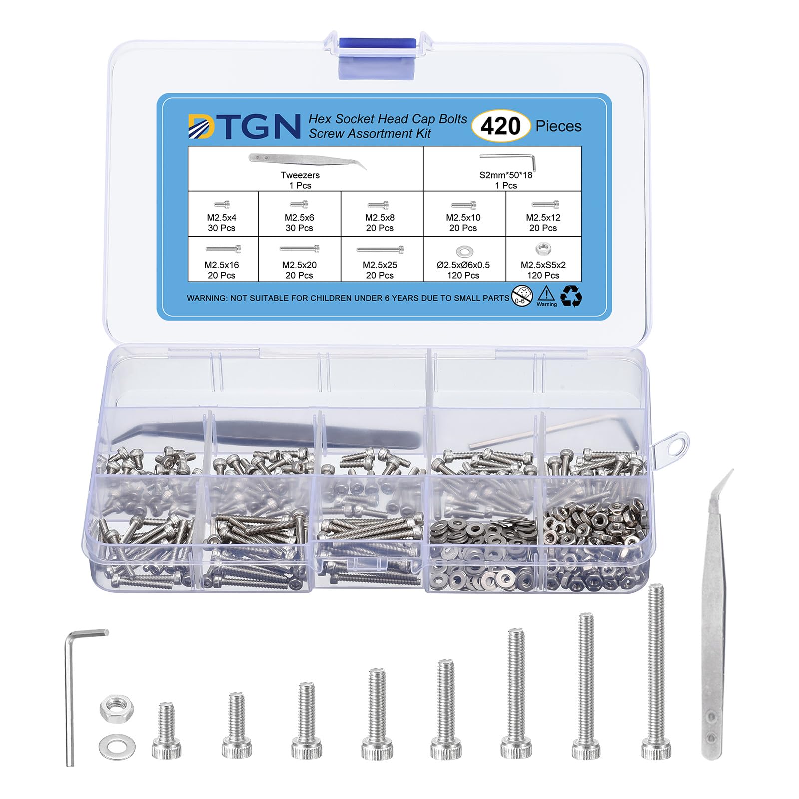 DTGN 420Pcs M2.5 Metric Screw Assortment, Bolts and Nuts Kit, 304 Stainless Steel M2.5x4/6/8/10/12/16/20/25mm Hex Socket Head Cap Screws Bolt Set With Wrench, Washers, Tweezers