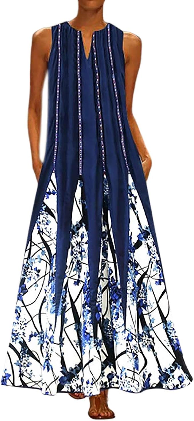 Mocure Women African Vintage Splice Dashiki Sleeveless Summer Pockets Long Maxi Dress Casual Maxi Skirt
