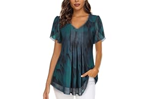 Misyula V Neck Short Sleeve Double Layers Elastic Mesh Blouse Casual Flowy Tunic Tops