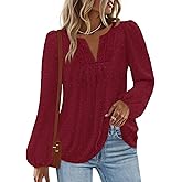 MEROKEETY Women's Fall Long Sleeve Blouse Shirt 2025 Dressy Casual Crochet Lace V Neck Swiss Dot Tops