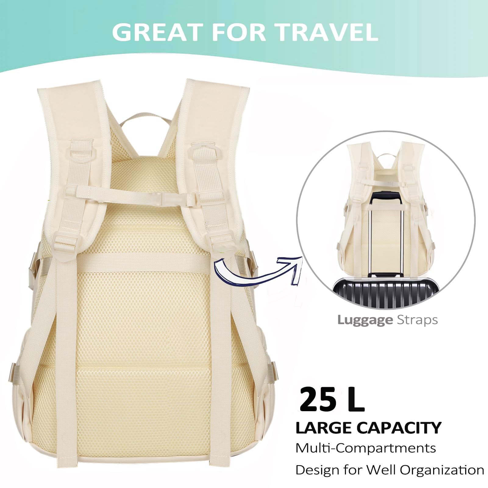 PRLINJSK Kawaii Backpack for Teen Girls, Cute Aesthetic High Middle School College Bookbag with Accessories, Beige