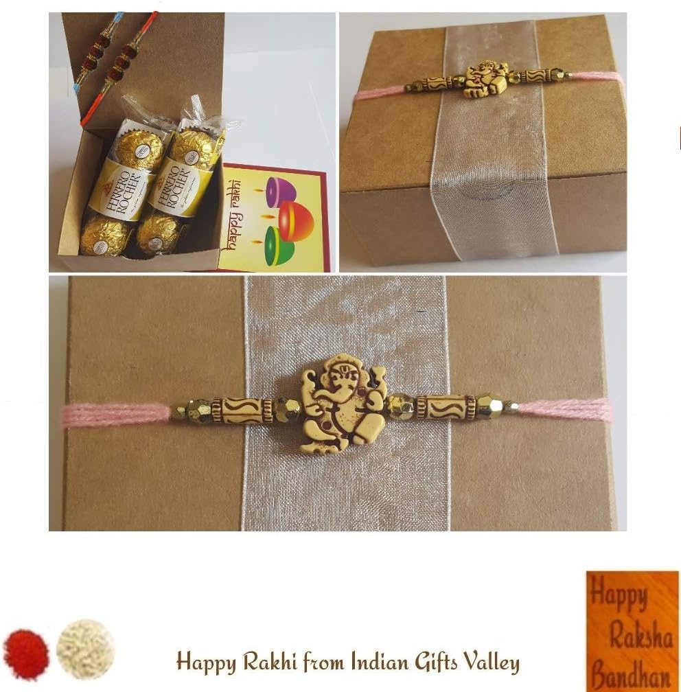 Rakhi Gift Box - 2 Beautiful Rudraksha Rakhi with 6 pc Ferrero Rocher - Free Roli Tikka and Rakhi Card